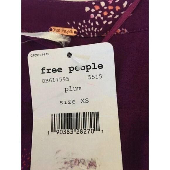Free People Womens Top XS Tuscan Dreams Purple Orange Floral Tab Roll Sleeves - Picture 7 of 12